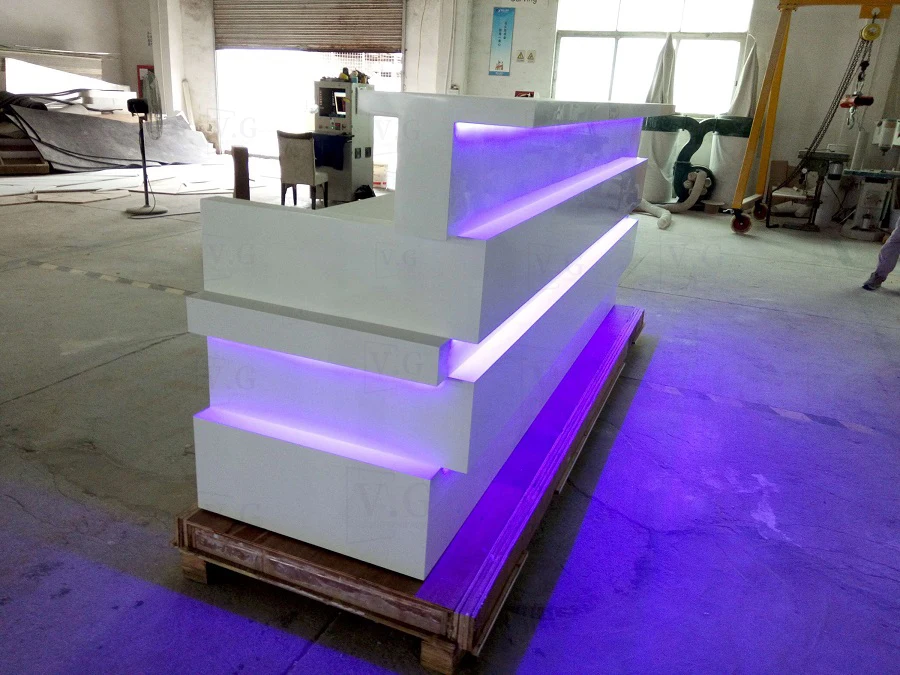 Strip Design With LED White Surface Artificial Stone Salon Office Mall Hotel Reception Service Counter Desk
