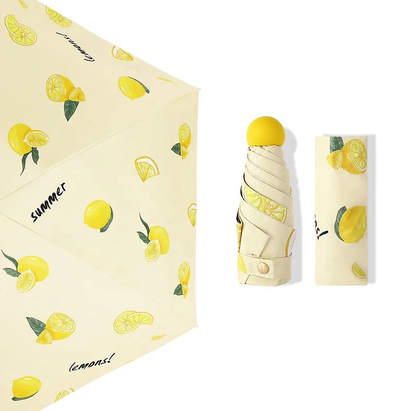 All-in-one 5 Folding Mini Pocket Capsule  Umbrella UV protection Pongee black coating  with Fruit Printing foldable umbrella