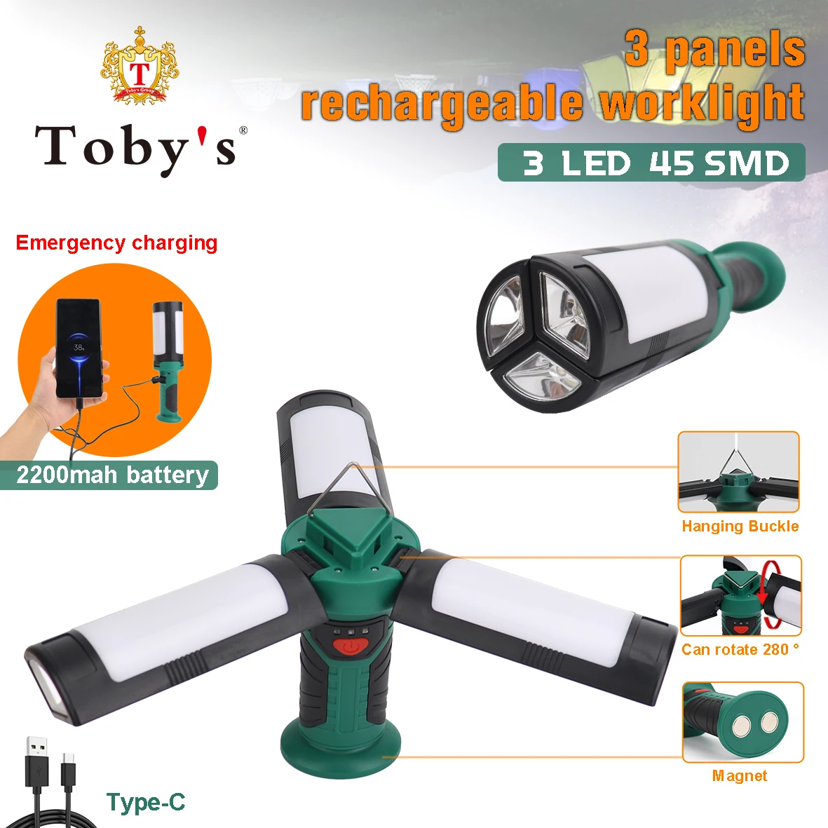 3pcs SMD panels Flood Beam Led Work Light Foldable Powerful Magnet Handheld Portable Work Lights rechargeable USB hook with line