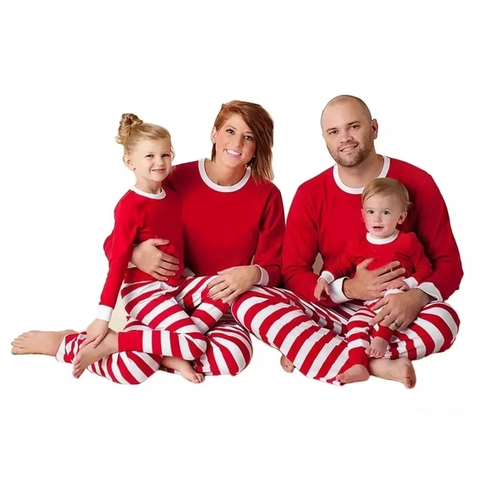 Family Matching Outfit Clothes Christmas Pajamas Parent-child Full Sleeve Red White Green Stripe Family Christmas Pajamas 2021