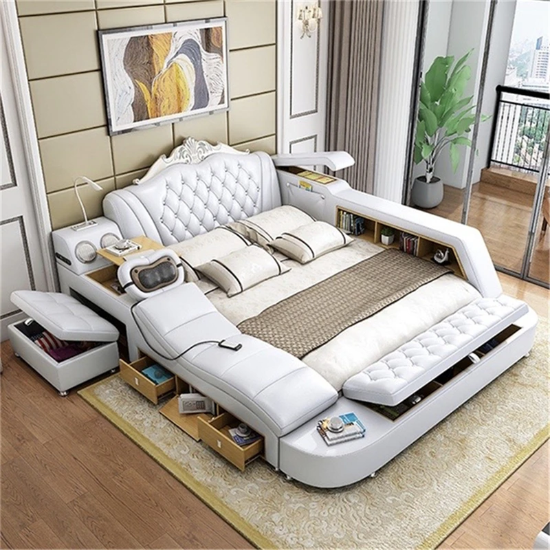 Multimedia Wireless Loudspeaker Solid Wood Frame Bedding Set with Massage Seater Genuine Leather Beds