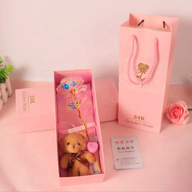 High Quality Foil Dipped Plated Galaxy Rose Anniversary Engagement Valentines Gifts 24 K Gold Flower With Plush Bear
