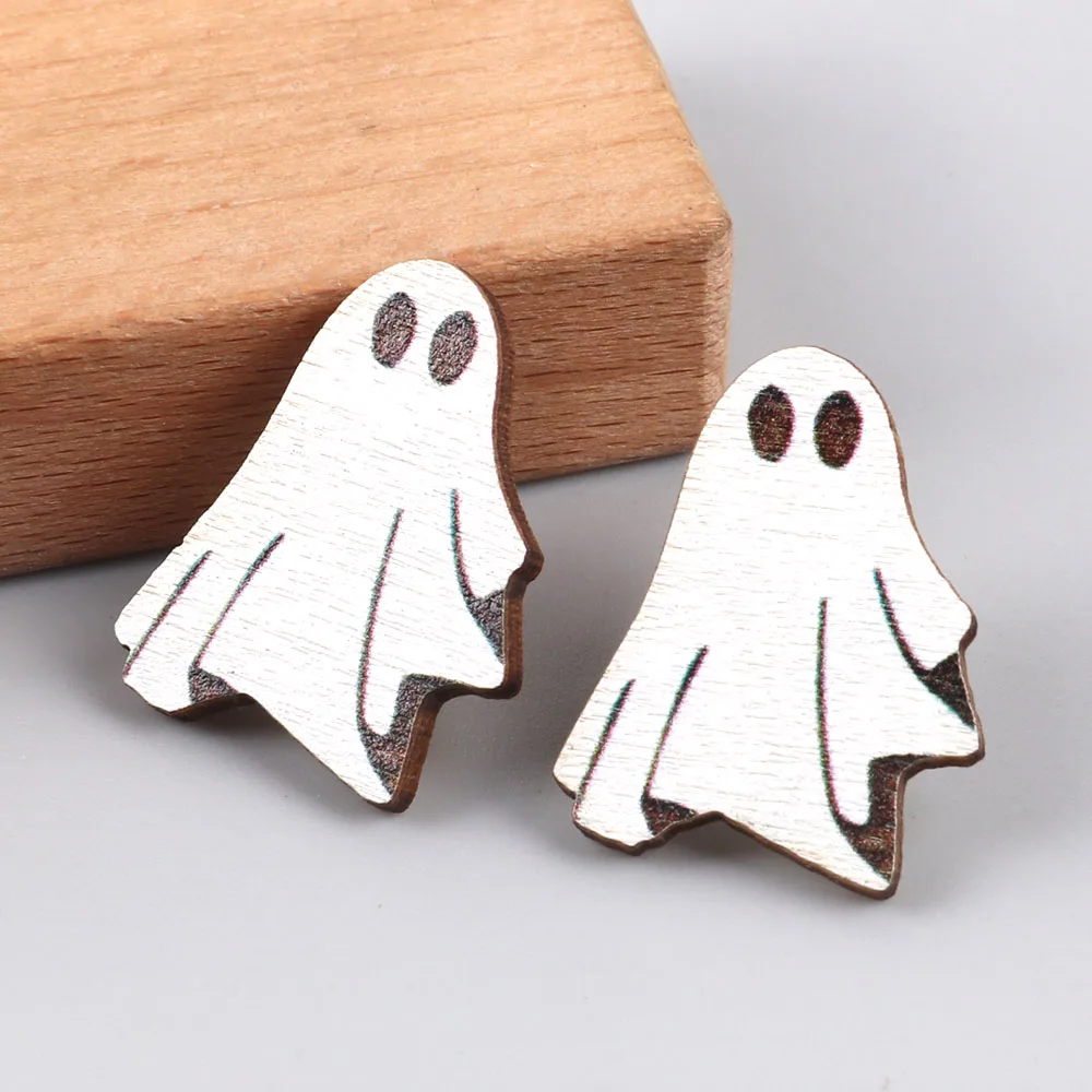 Wholesale 2024 New Cute Ghost Skeletons Party Jewelry Printed Simple Spooky Wooden Stud Earrings for Women Girls Halloween