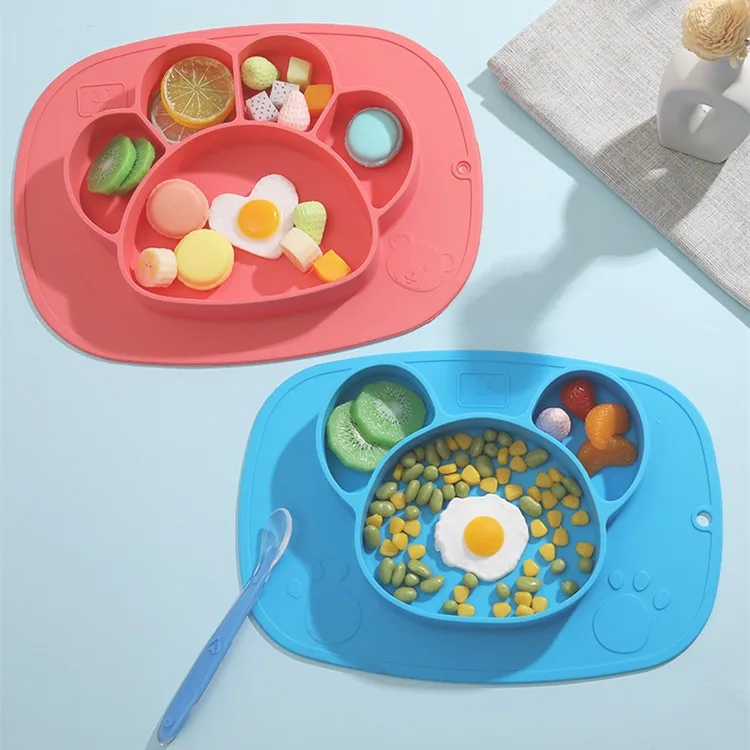 BPA Free Food Safe Silicone Children Divided Kids Feeding Spoon Suction Bowl Set Baby Silicone Plate Feeding Learning Tableware