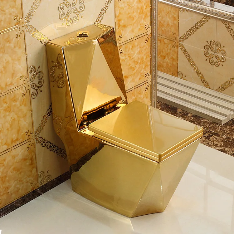 luxury square toilet wc p-trap bathroom siphon flushing gold golden toilet set in foshan