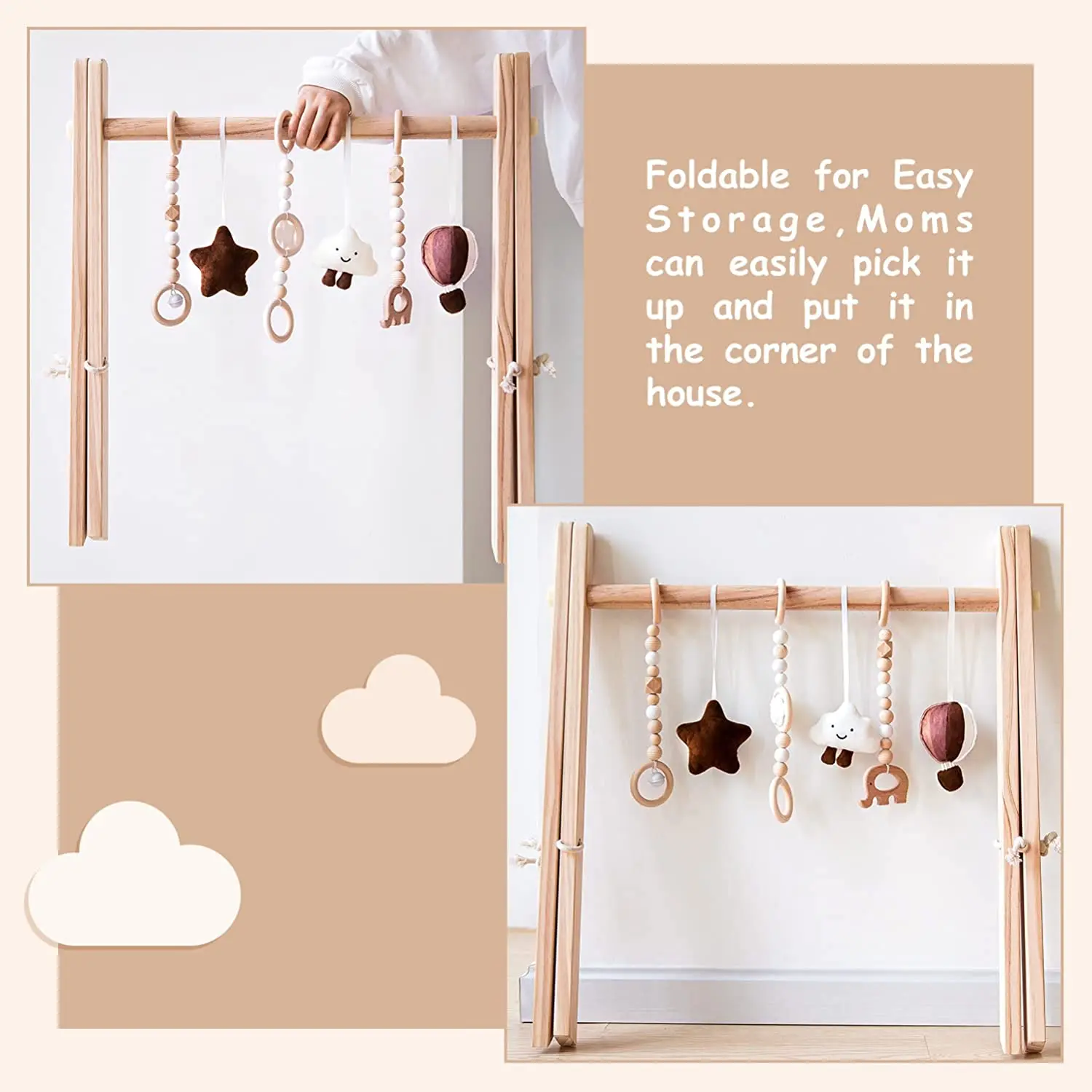 Wooden Baby Play Gym with Mat Foldable Baby Play Mat Frame Activity Gym Hanging Bar Baby Toys Rainbow Play mats