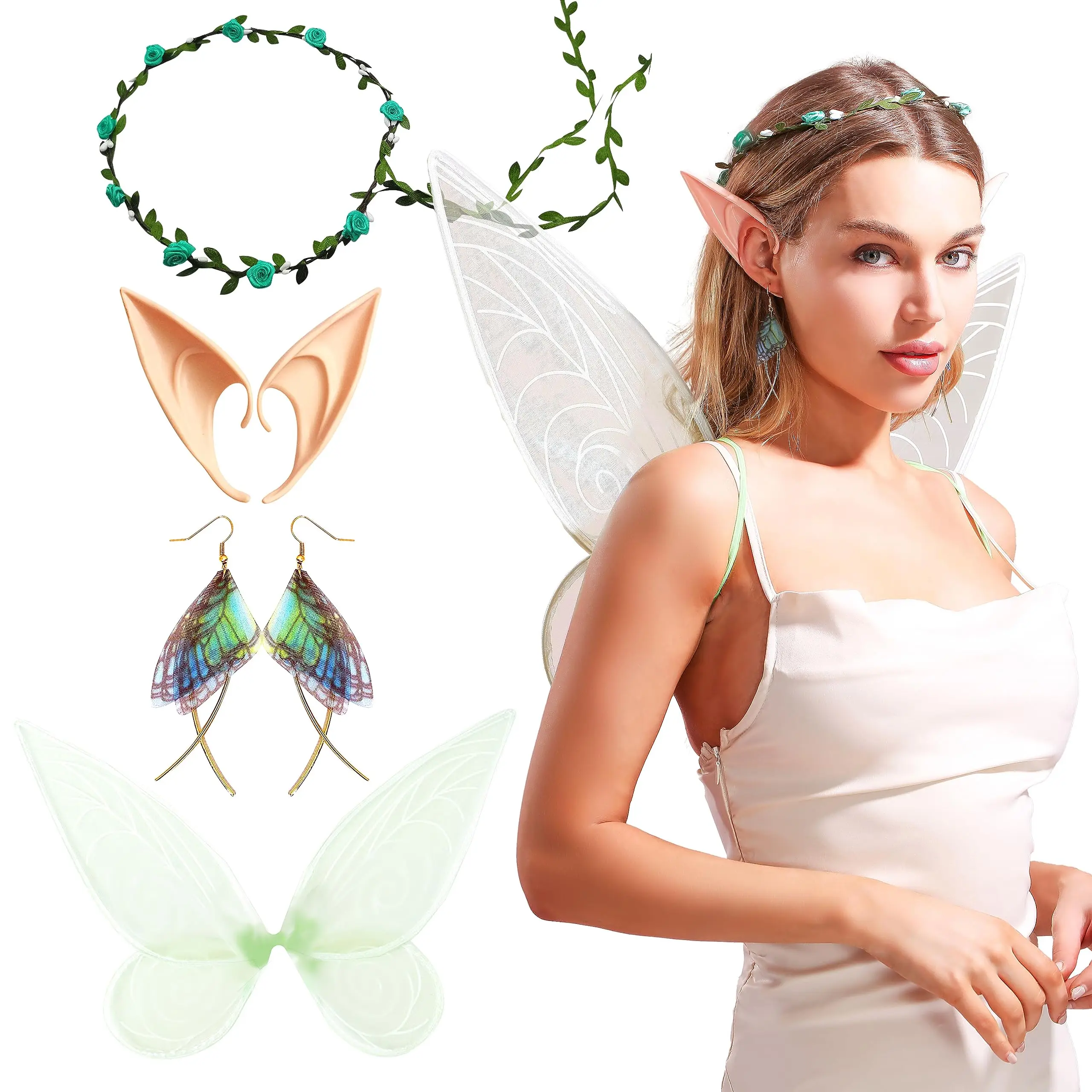 Cosplay Costume Green Fairy Wings Elf Ears Floral Headband Crown Adult Women Fairy Outfit Party Accessories