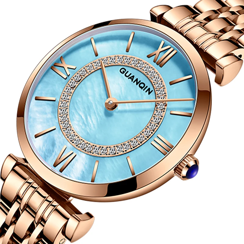 
Guanqin diamond shell dial luxury design women hand quartz watches for girl 