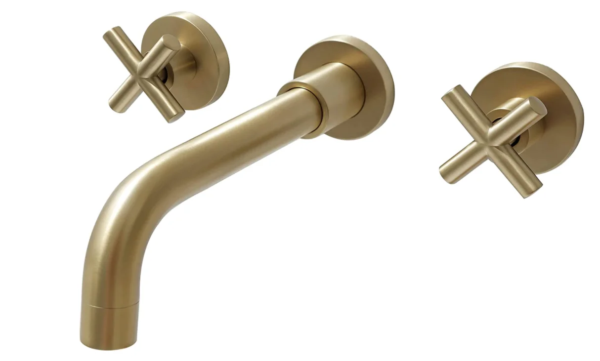 Brushed Gold Brass Bathroom Tap, Double Handle Three Holes Wall Mount Bathroom Sink Faucet and Rough in Valve Included