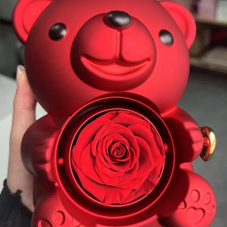 Christmas Gift Set Hugging Bear Ring Necklace Eternal Rose Box Wholesale Acrylic Hug Bear Rotating Rose Jewelry Boxes