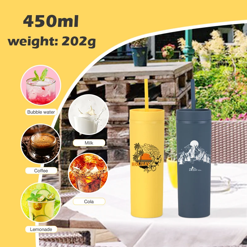 Promotion Gift 16 oz Doouble wall Plastic Cup Reusable Simple matte rubber paint 16oz skinny acrylic tumbler with lid and straw