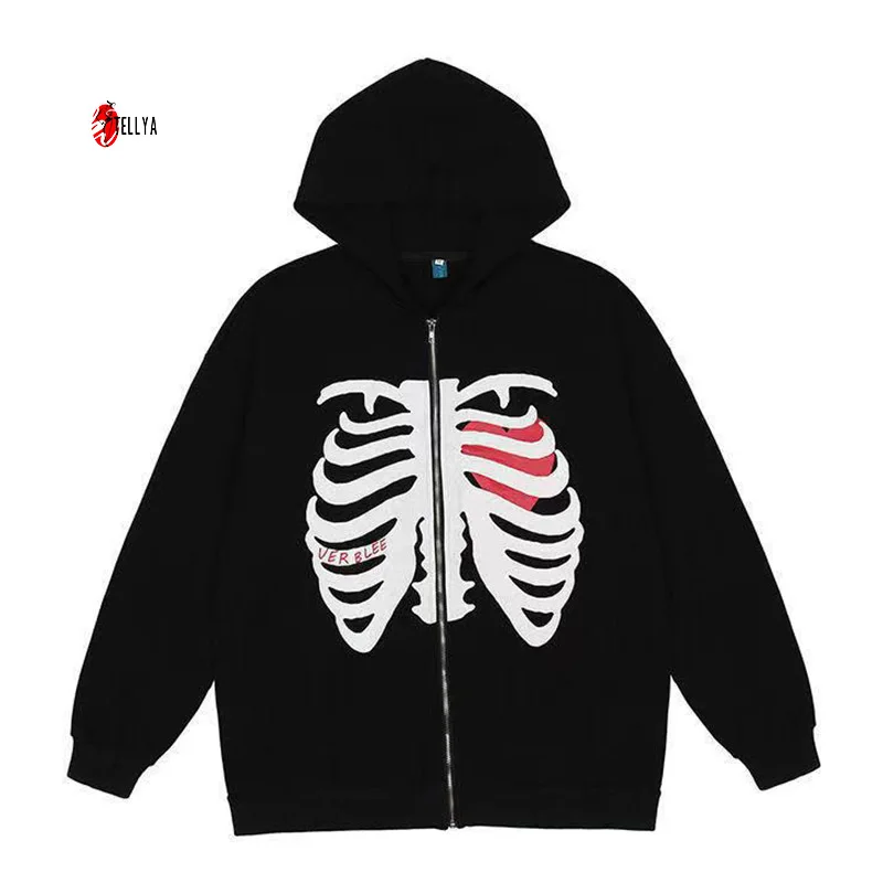 Wholesale Custom Hiphop Vintage Heavyweight Fleece Lined Hoodies Oversized Full Zip Up Neck Hoodie with Puff Print
