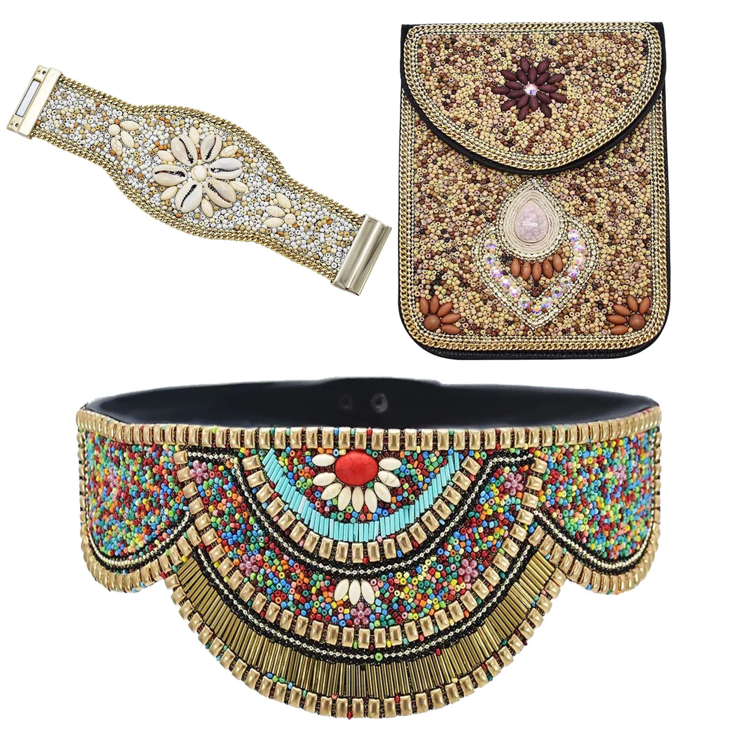 Bohemian Belts for Women Wide Stretch Elastic Waist Belt Body Chain Handmade Beaded Flower Adjustable Belt for Women