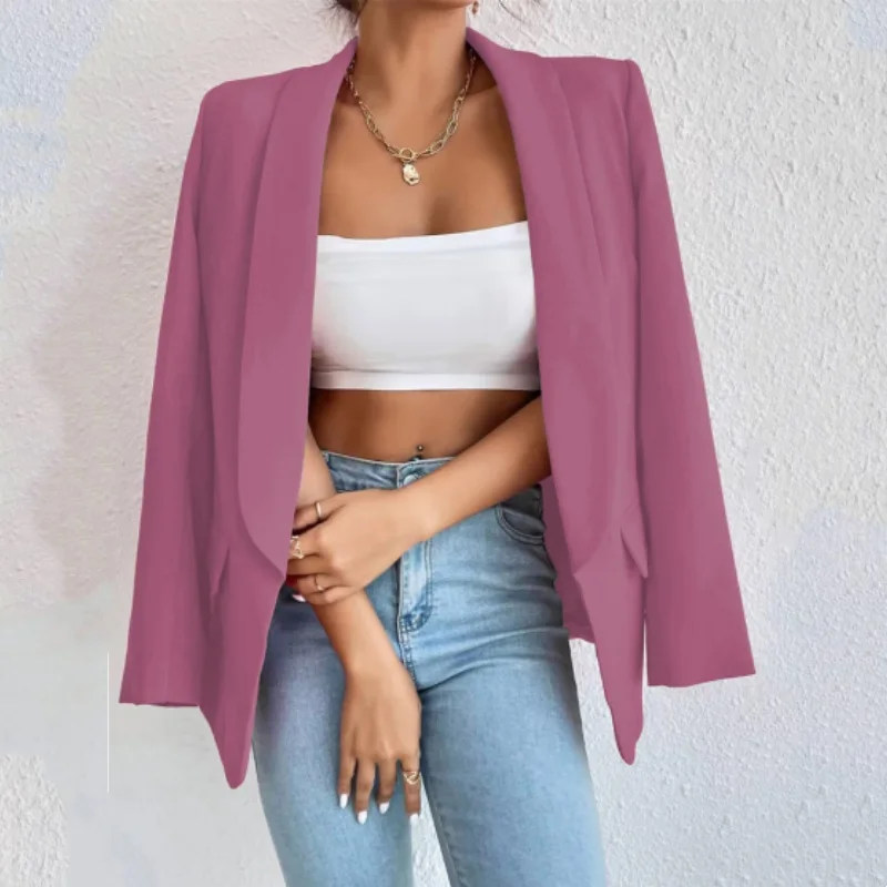 Spring Autumn Women Fashion Blazer Top Lapel Collar Open Stitch Suit Top New Lady Solid Slim Casual Coat