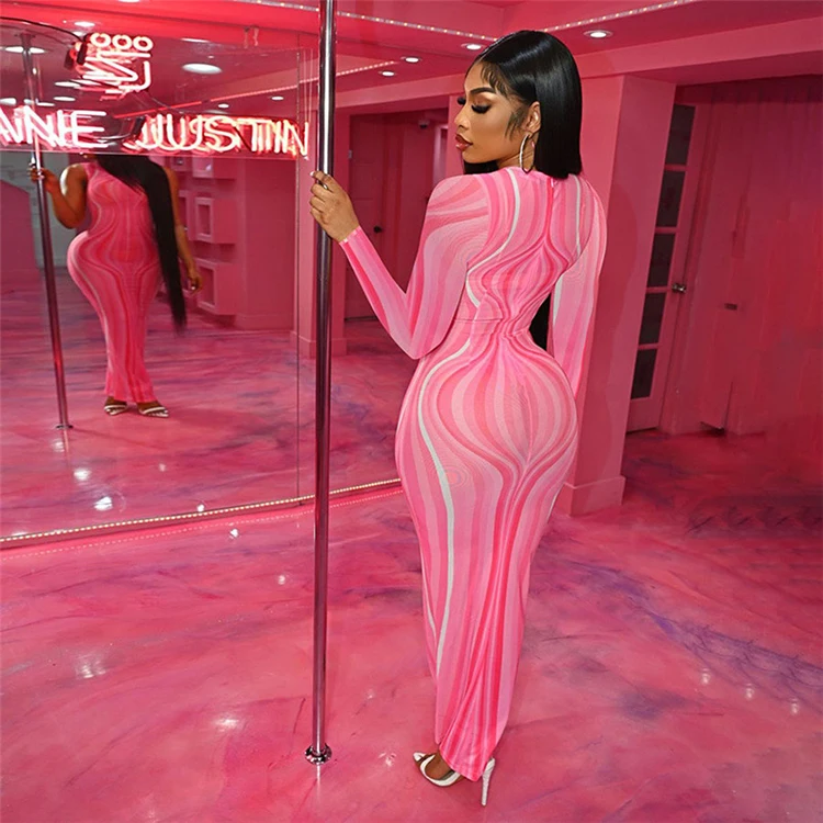 2021 Fall Clothing Breathable New Style Women Slim Fitted Printing Long Sleeve Mesh Maxi Dresses Sexy Transparent Striped Dress