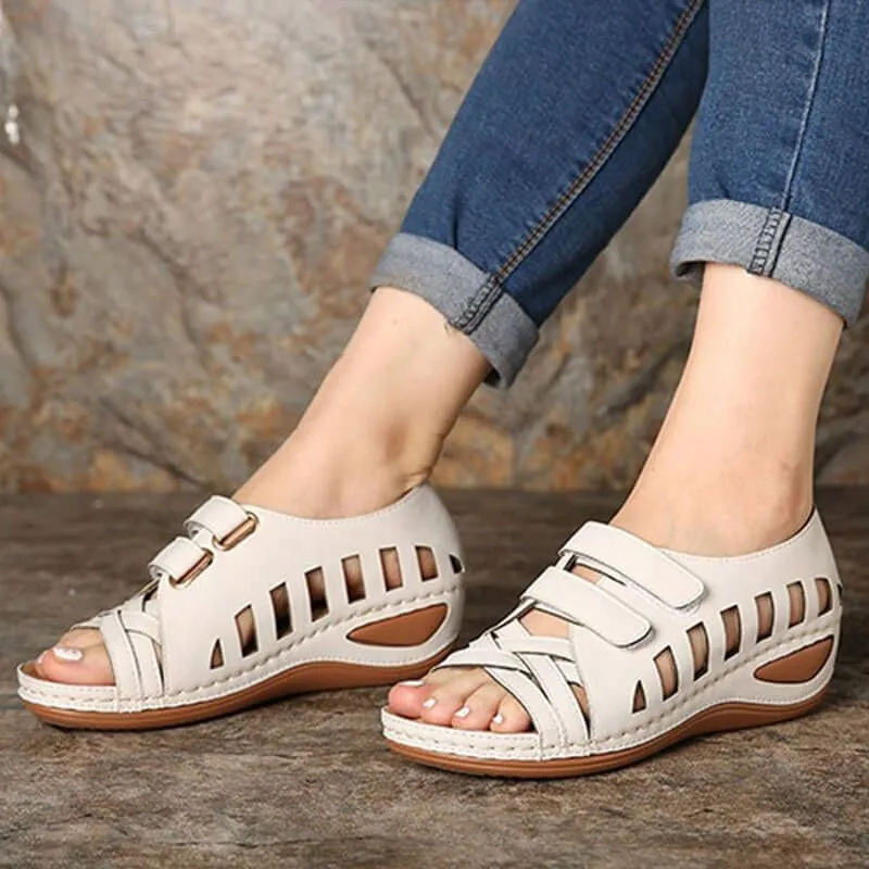 Plus Size Ladies Sandals Summer Casual Vintage Wedge Platform Sewn Leather Slip On Ladies Sandals