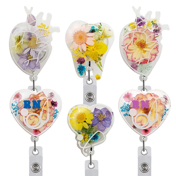 Индивидуальный значок для медсестры, катушка, выдвижной симпатичный прессованный сушеный цветок из смолы, ID значок с зажимом, визитница для медсестер, рождественский подарок
