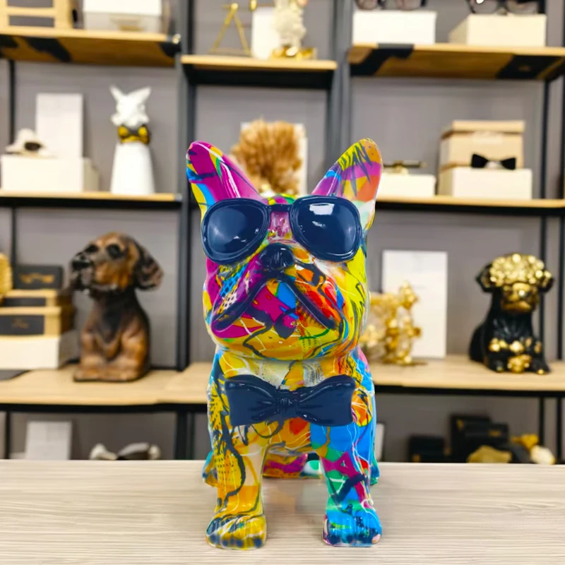 Creative Water Transfer Printing Resin Bulldog Sculpture Colorful French Bulldog Statue With Sunglasses Home Decor