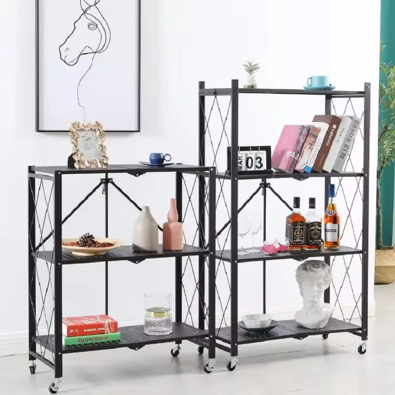 Multi-functional Foldable Multi Layer Shelves Kitchen Vegetable Metal Steel 5 Tier Folding Storage Rack with Wheels