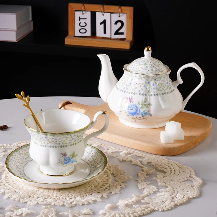 New arrivals bone china porcelain coffee sets gold rim flower print luxury white ceramic cup saucer vintage royal tea pot set