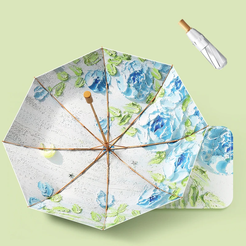 New fashion design printing women silver coating sunshade sun umbrella 8K 3 fold windproof gift uv umbrella with wooden handle