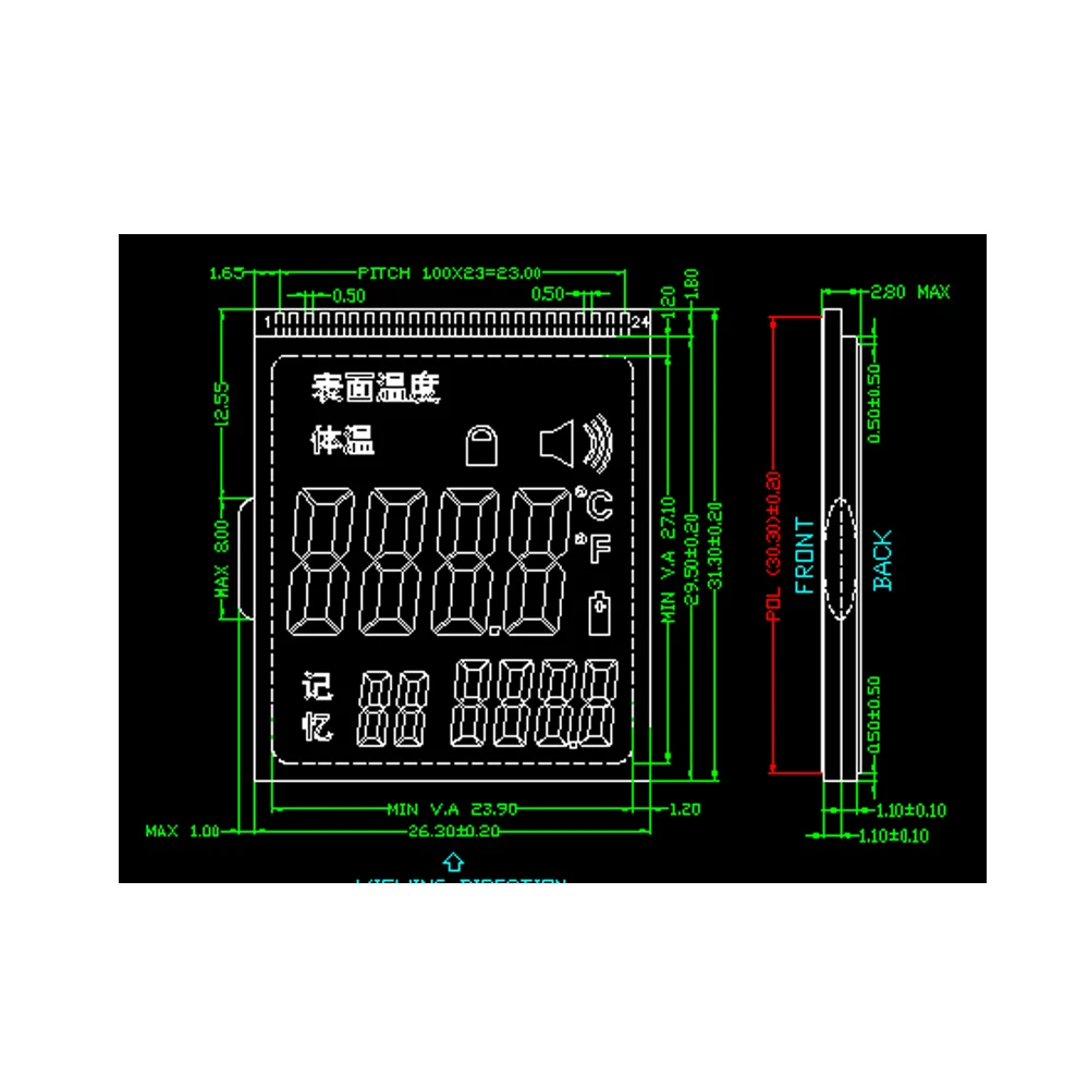 Temperature gun thermometer LCD Screen segment digital lcd display