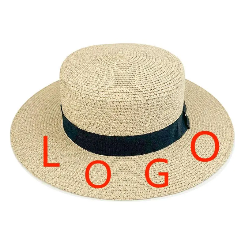 HT-2183 Custom Square Buckle Round Top Panamanian Straw Flat Top Hat Summer Tourism Sunshade Large Brim Fisherman hats