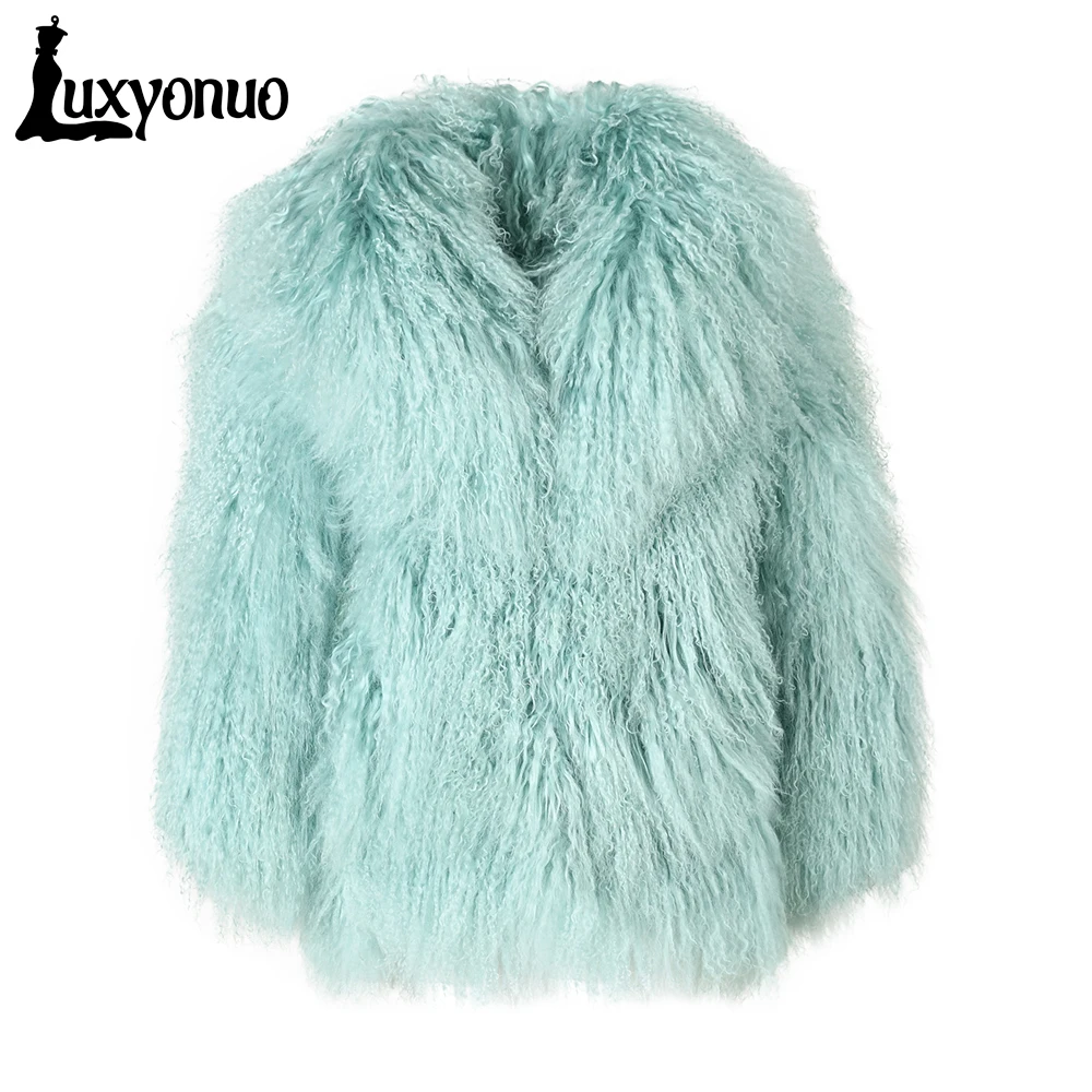 Wholesale Ladies Mint Color Real Fluffy Mongolian Fur Coat Fashion Women Long Hair Mongolian Sheep Fur Coat