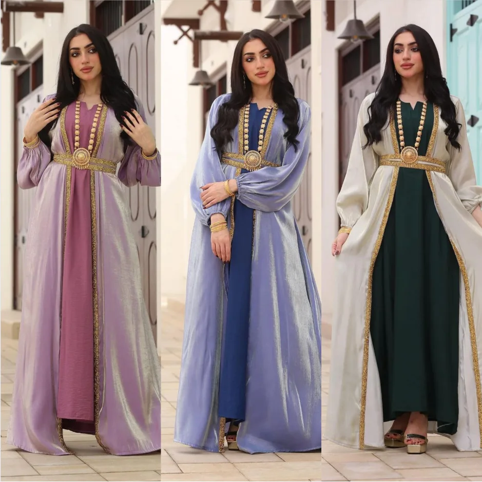 Modest dress Women Dress Muslim Abaya 3 Piece Set 3 Solid color Full Sleeve Big Swing A-line Party Maxi caftan Long Dress