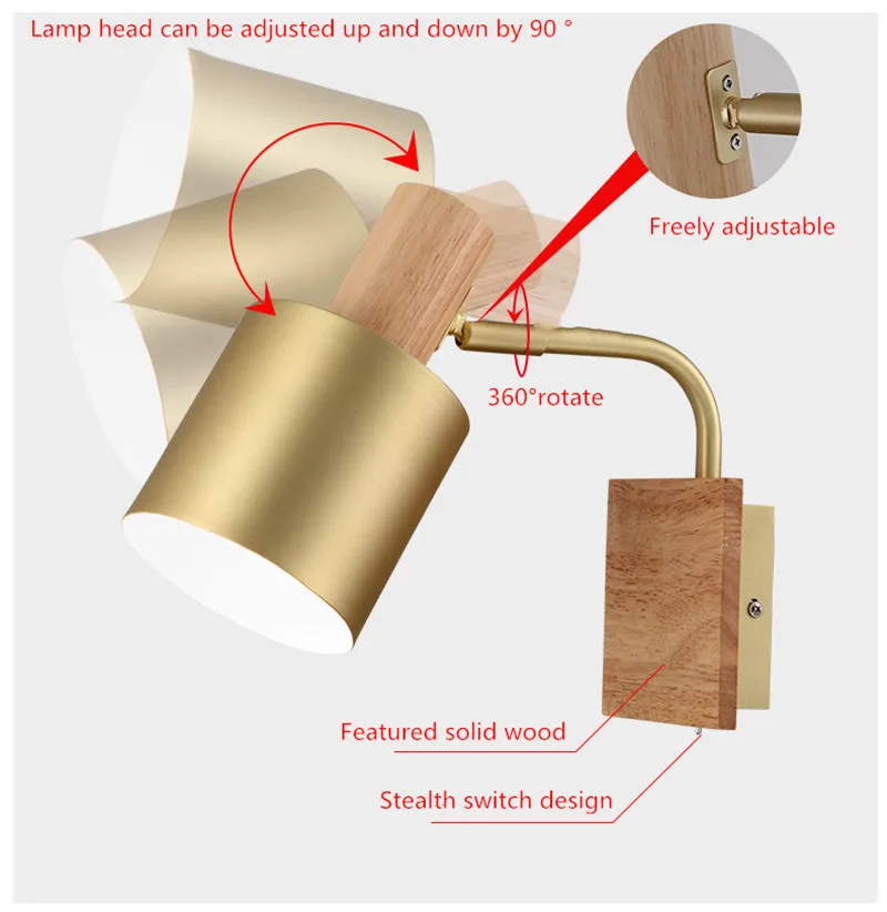 
2020 Hot Sales Wall Mounted Luminaire 360 Degree Freely Rotatable Wood Industrial LED Wall Lamp 