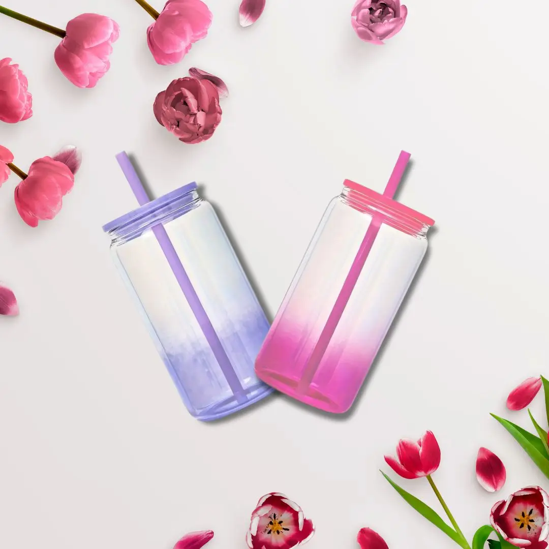 USA Warehouse 16oz Frosted Clear Beer Can Glass Sublimation Water Bottle Glass Jar with coloful plastic lids and straws