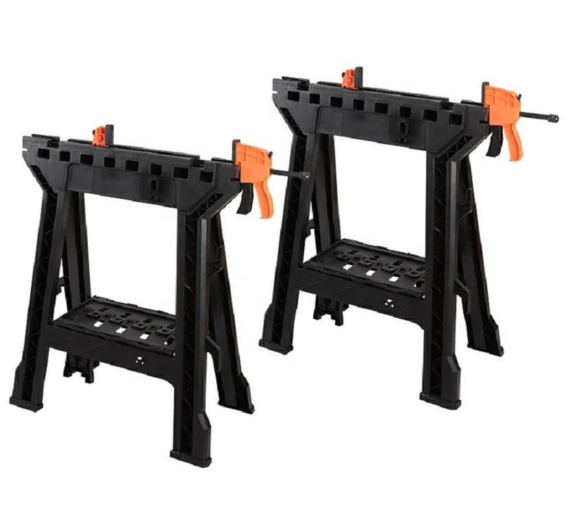 Foldable Clamping Sawhorse Trestle Twin Support Bars Cutting Stands