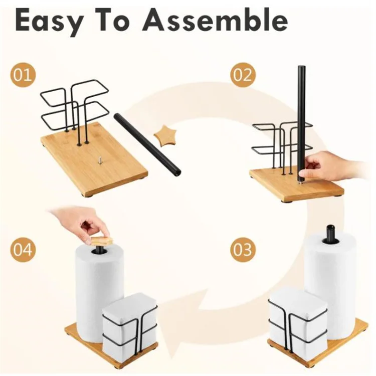 2-in-1 Paper Towel Holder Countertop Napkin Rack Kitchen Rolls Holder Stand with Wood Base
