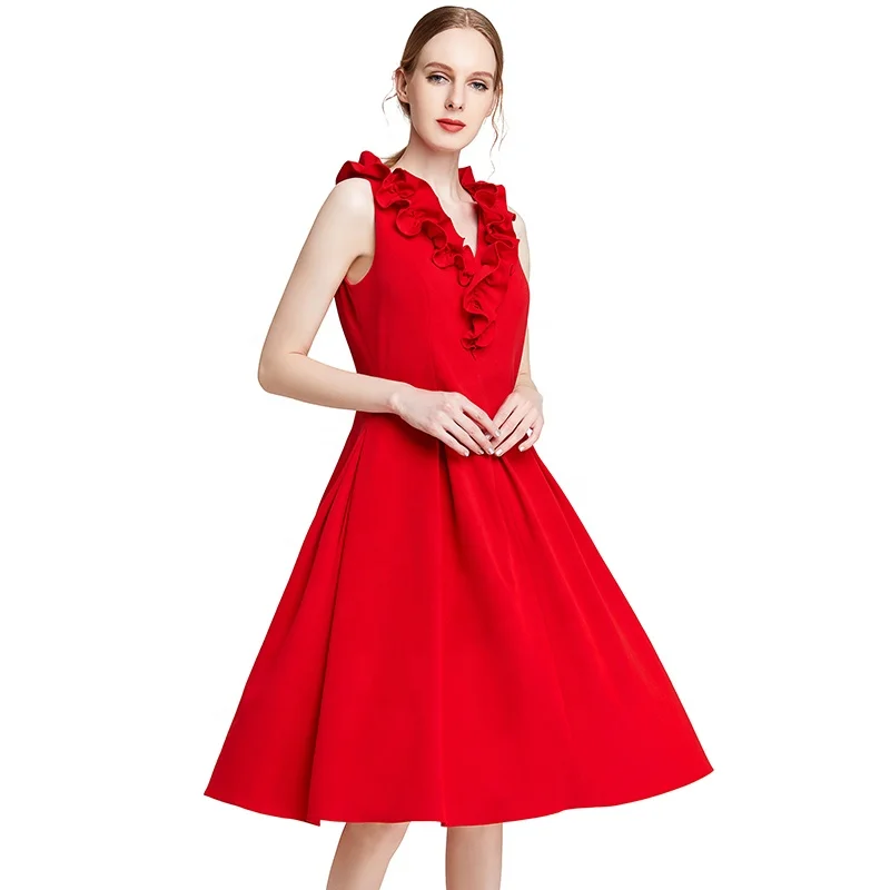 D004 Elegant Sleeveless Long flower V neck  red pink elegant Christmas prom gown dress factory for women