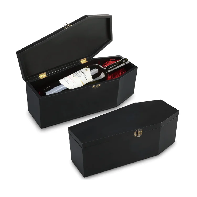 Halloween Coffin Box Coffin Wine Gift Box with Red Raffia Paper Black Painted Wood Coffin Shaped Treat Box