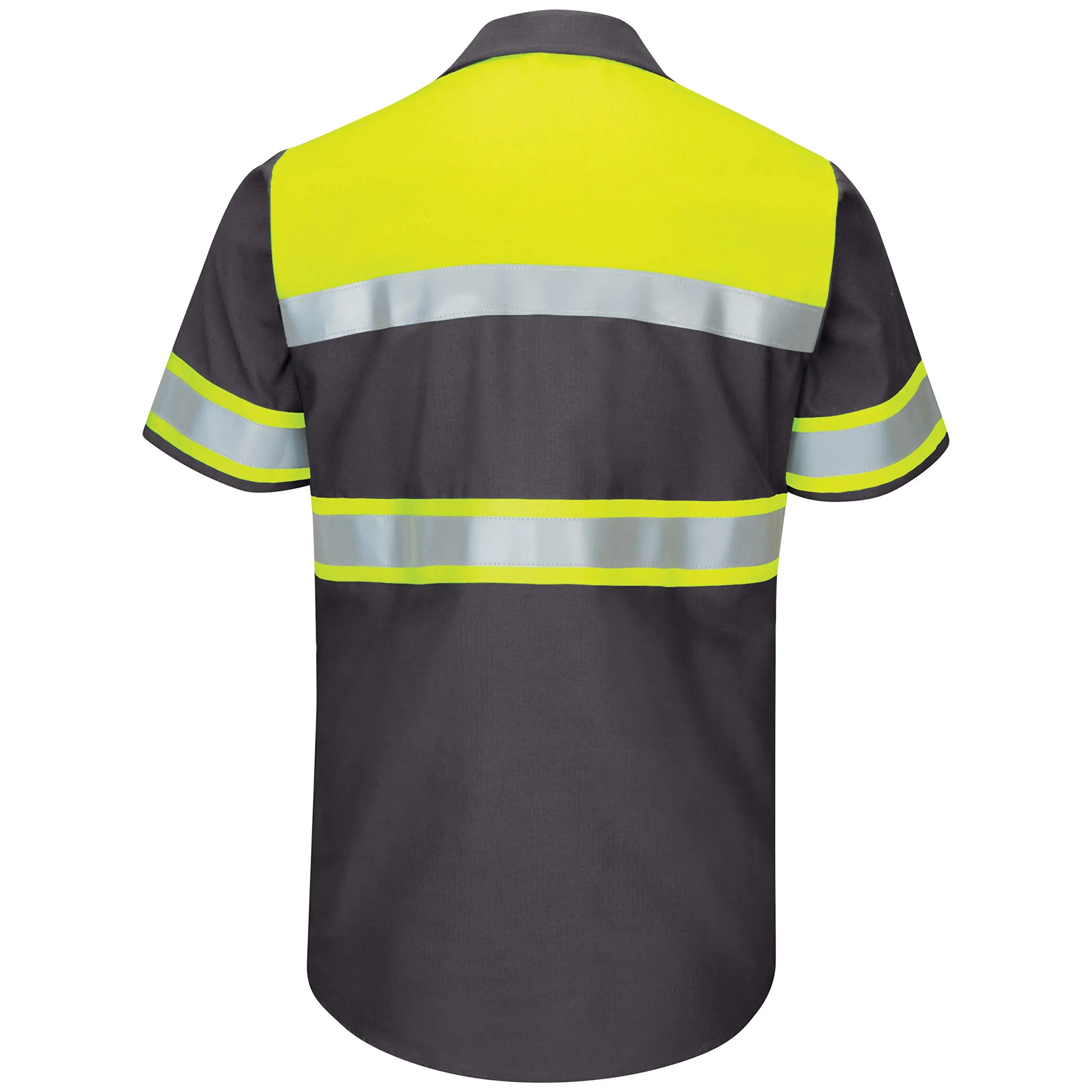 Mens Hi Vis Work Shirt Fluorescent Yellow Navy Cotton Workwear Short Sleeves Work Shirts