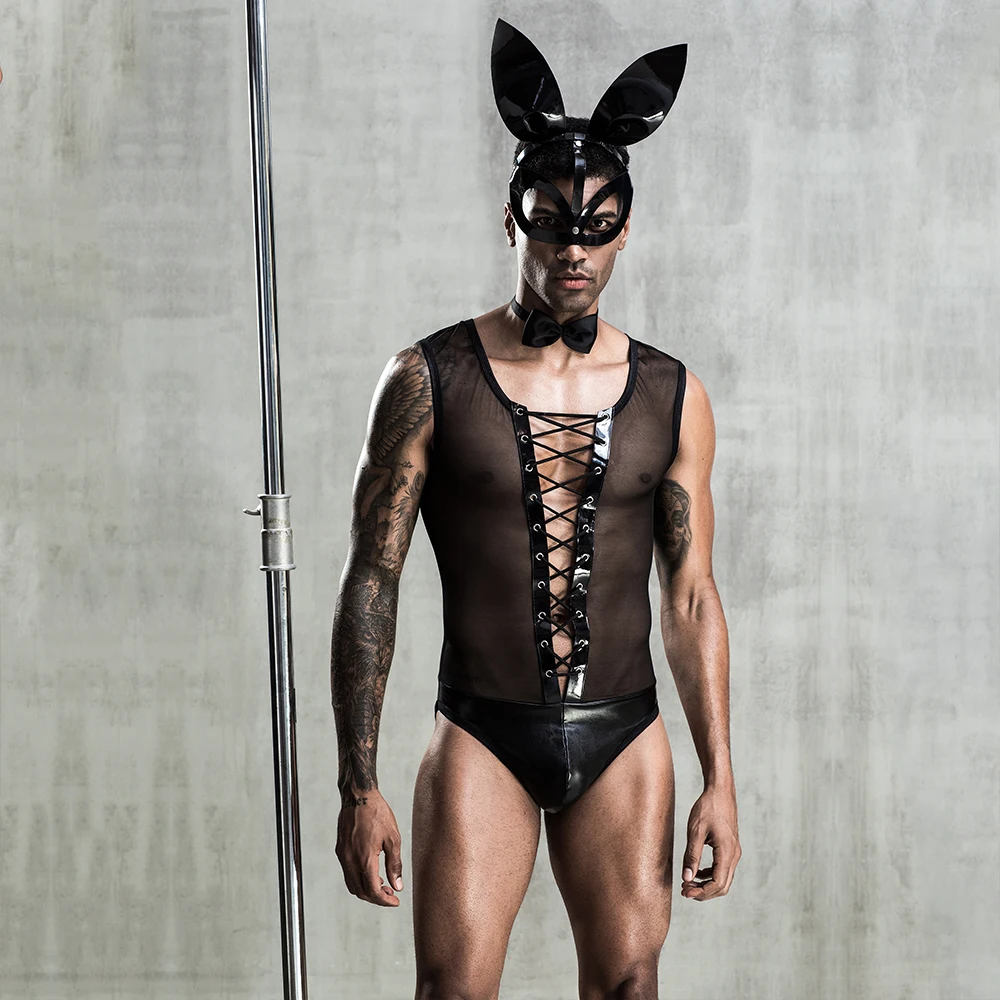 black mesh bodysuit lingerie and rabbit mask cosplay mens bunny Lingerie Sexy Bodysuit Bunny Suit Role Play Costume halloween