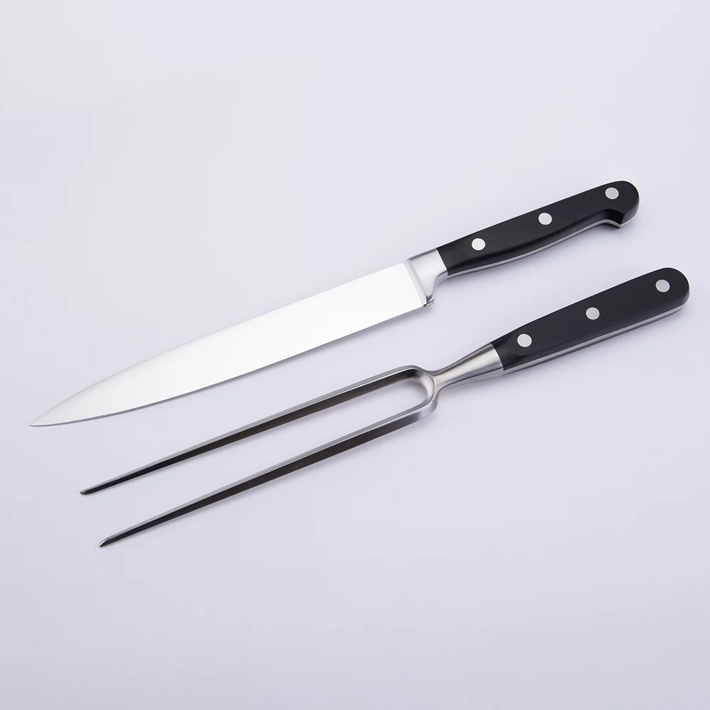 2024 Hot Sales Single Forged 8 Inch Carving Knife and Fork Set Black ABS Handle Knife Sets