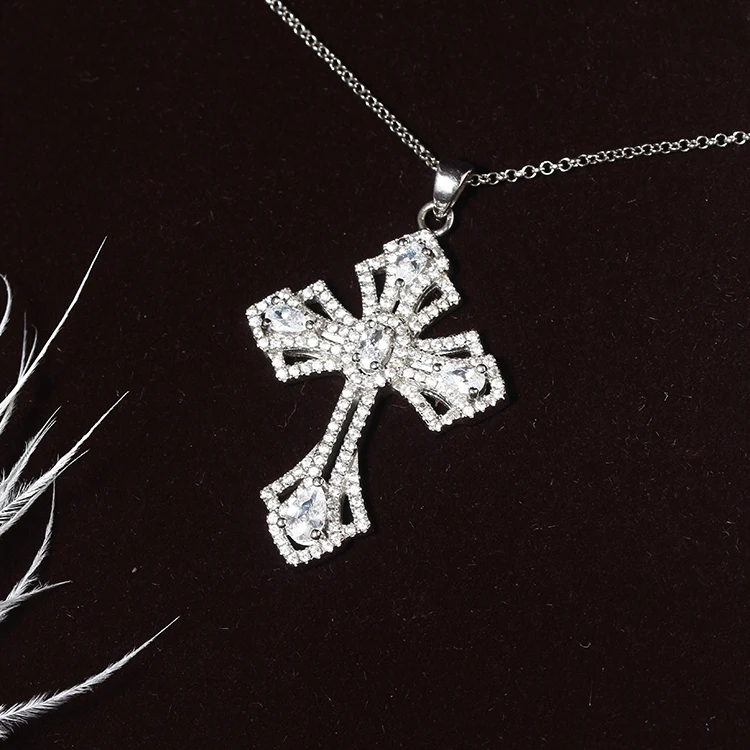 Wholesale White Gold Plated 925 Sterling Silver Cross Prong Pendant Cross CZ Pendant Prong Setting Necklace Cubic Zirconia