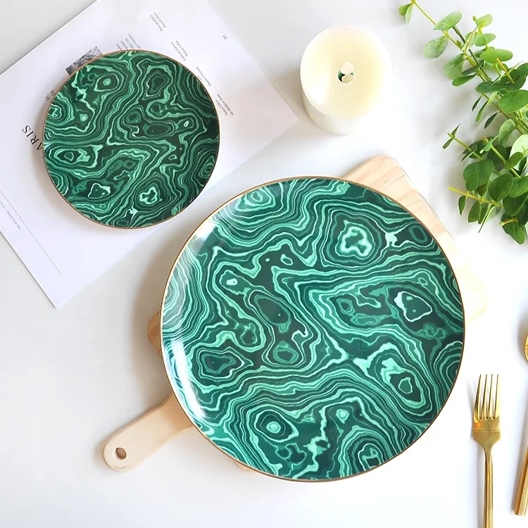 Factory made logo green fine bone china tableware elegant dinner plate