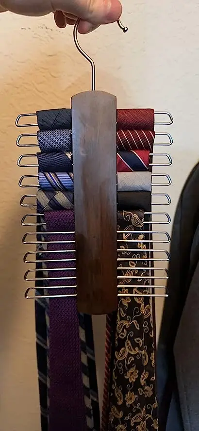 Premium Wooden Necktie and Belt Hanger Center Organizer and Storage Rack with a Non-Slip 20 Hooks