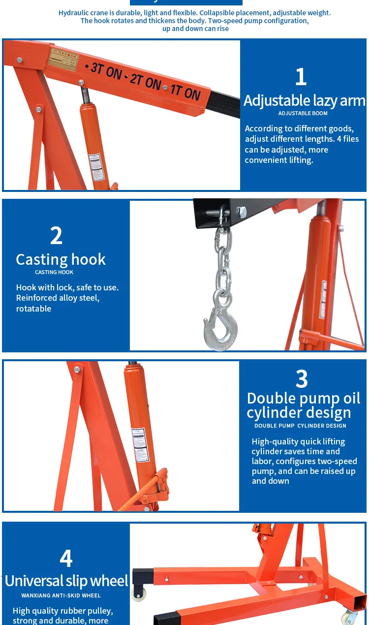 2t 2 ton 3ton  portable air folding  hydraulic  car  shop engine hoist  crane with engine stand