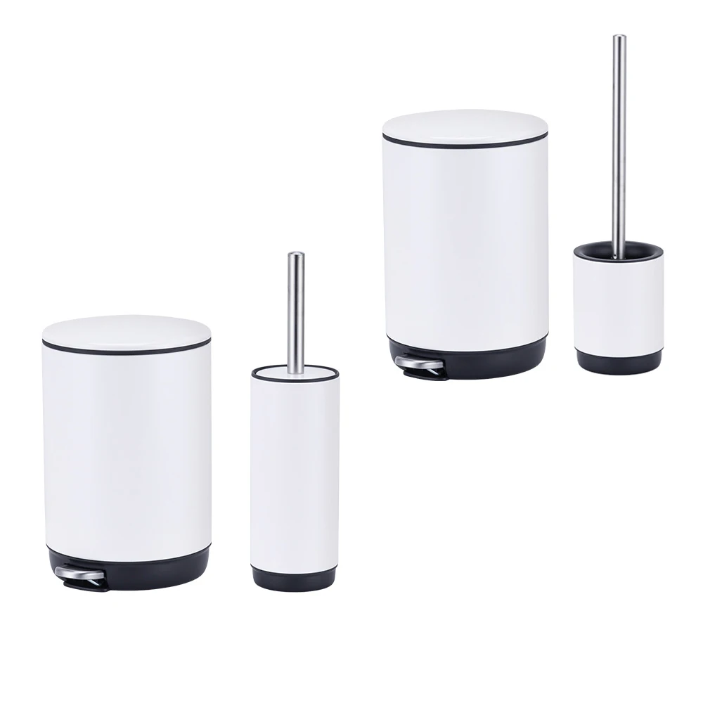 5L Stainless Steel White Colored Metal Bathroom Round Slim Lid Slow Closing Trash Can With Toilet Brush Set Holder