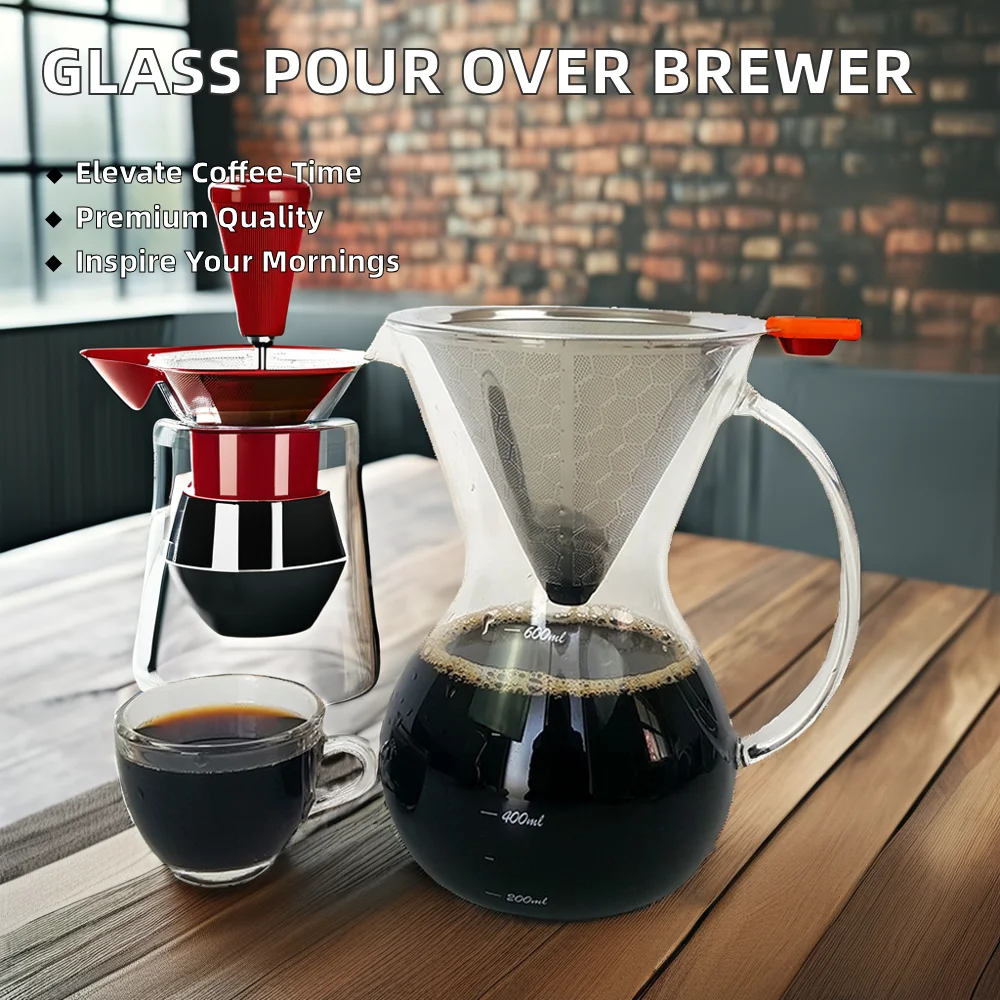Transparent Glass Pour over Coffee Brewer Set Double-Layer Stainless Steel Cone Filter Glass Drip Coffee Pot