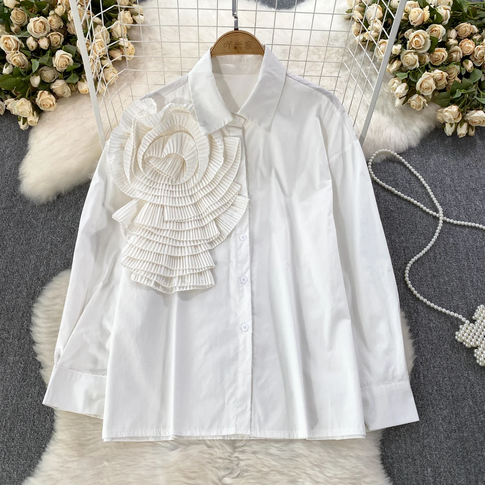 Custom Autumn Fashionable Long Sleeve Sweet Blouse Flower Decoration Loose Shirt For Women Casual Korean Style Top Outwear