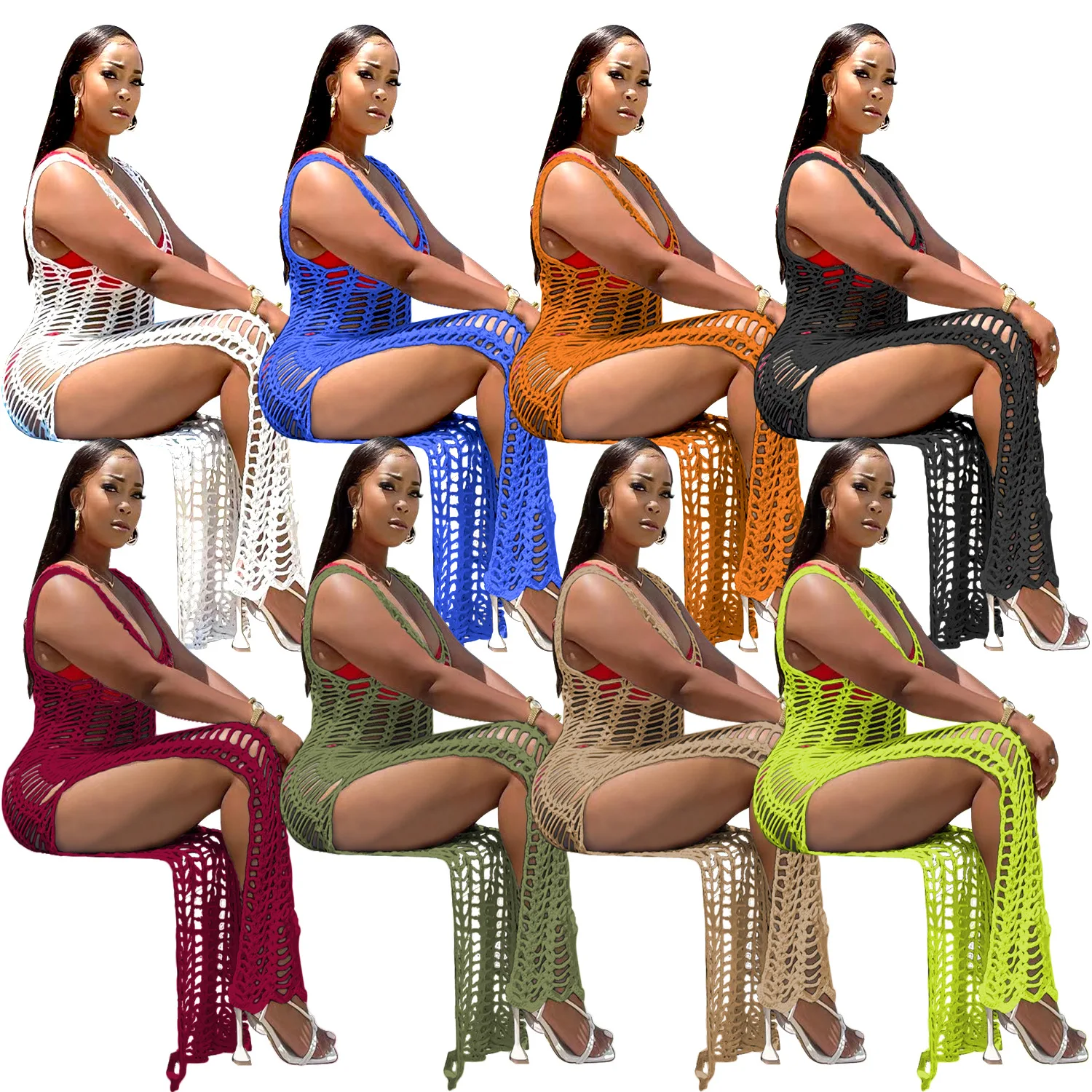 2022 Summer Hot Sale Mesh Dress Coverup Solid Knitted Skirt Bikini Cover Up Mesh Crochet Swimsuit Swimwear Beach Dress