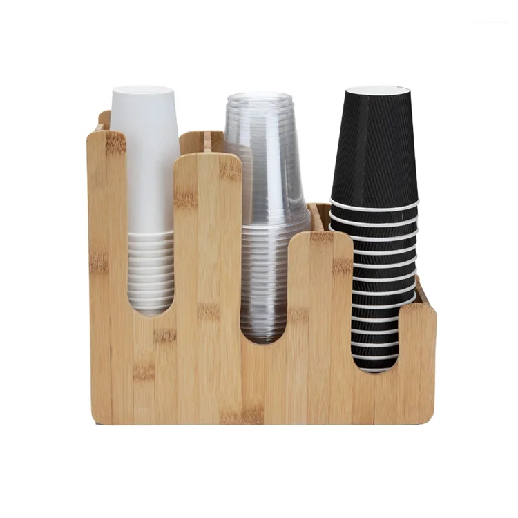 Household coffee bar kitchen storage holder 3 slots bamboo coffee cup rack paper cup holder dispenser