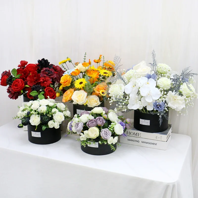 Round Hug Bucket Flower Box Festival Gift Artificial Sunflower Rose Orchid Bouquet Wedding Party Decor Table Centerpieces Floral