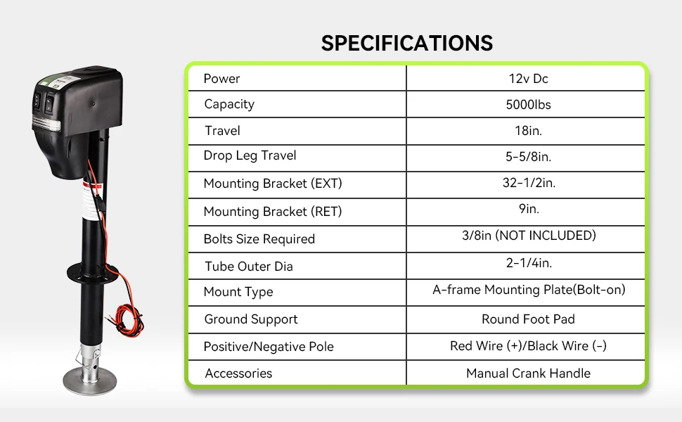 5000 LB Electric Power A- Frame Tongue Jack for Trailer Camper, RV, 12V DC with Hard Wiring