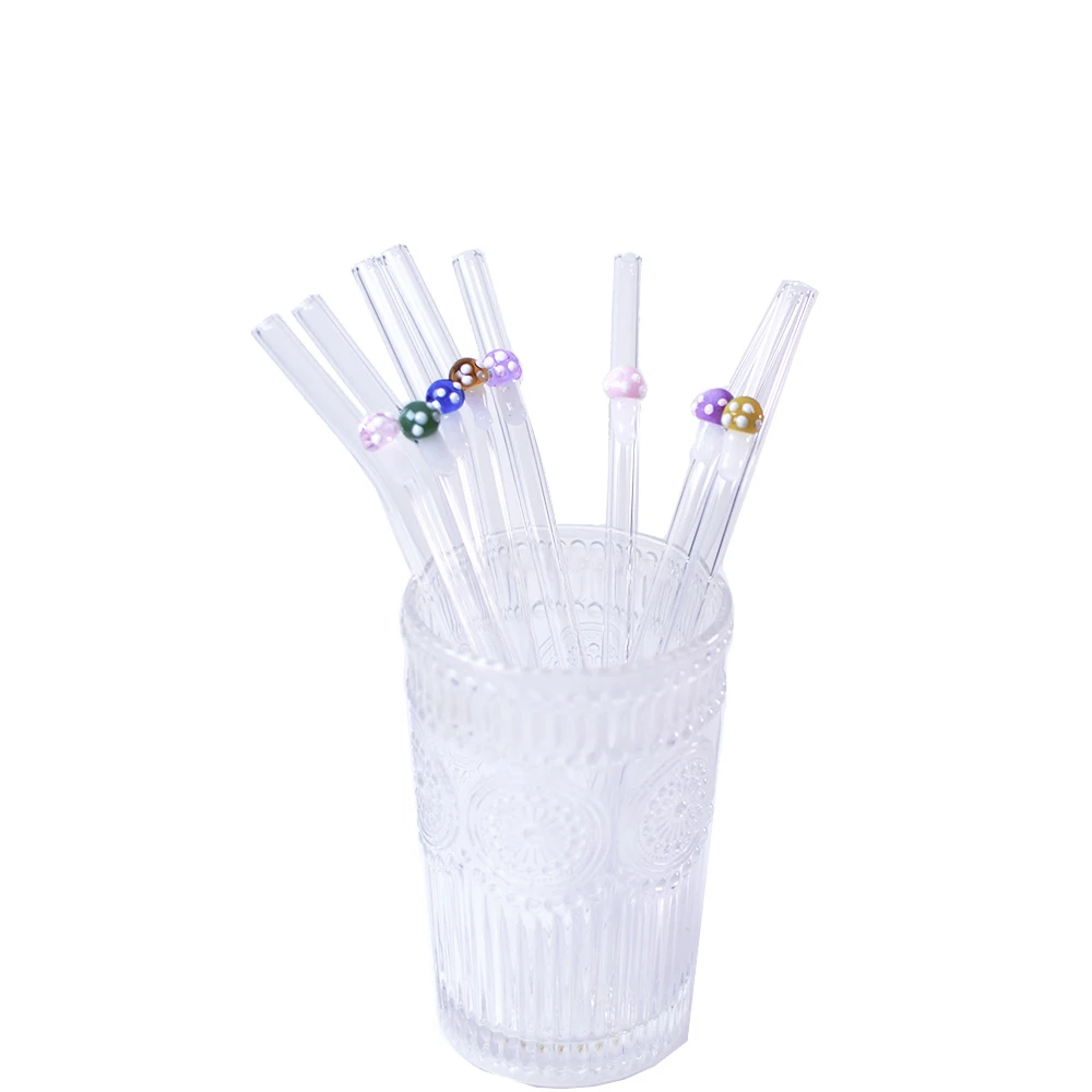 Handmade Mushroom Glass Straw with charms Milk and juice borosilicate glass transparent bent straw reusable